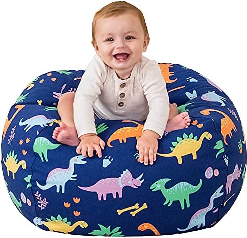 Aubliss Stuffed Animal Storage Bean Bag Chair Cover Only for Plush Toys, Blankets, Medium 32"-Canvas Dinosaur