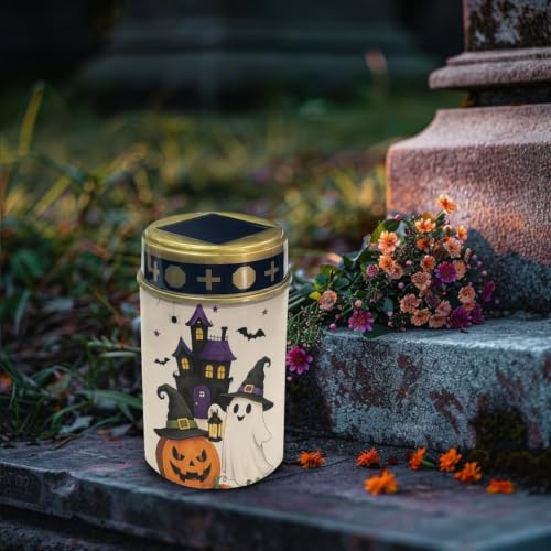 Image of Poceacles Solar Lights Outdoor Solar Powered Outdoor Cemetery Stake Candle Grave Lamp Landscape Lighting Halloween Grave Flameless Candle, Pumpkin Ghost Print Beige, Pack of 6