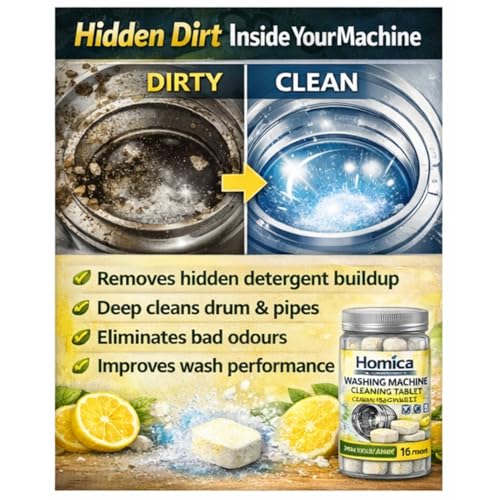 Image of Washing Machine Cleaner Tablets (16 Tablets) | Drum & Pipe Deep Cleaner |Removes Odour, Limescale & Residue | For Front Load & Top Load Fully Automatic Washing Machines | Lemon Scent (Lemon)