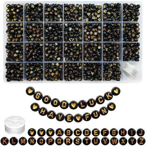 Looconi 1400pcs 4x7mm Black Letter Beads Round Acrylic with Gold Alphabet A-Z Heart Pattern Beads and Crystal Line for Jewelry Making (Black&Gold)