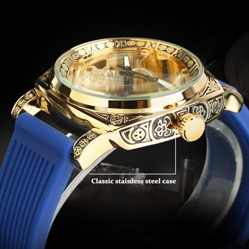 Image of FORSINING Fancy Watches for Men, Square Retro Mechanical Watch Self-Wind Carved, Gear Movement Golden Skeleton Automatic Watches Vintage Leather Strap Wrist Watch
