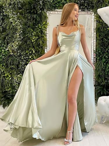 MisShow Satin A Line Bridesmaid Dresses for Women Cowl Neck Long Formal Dress Evening Party Gown with Slit3