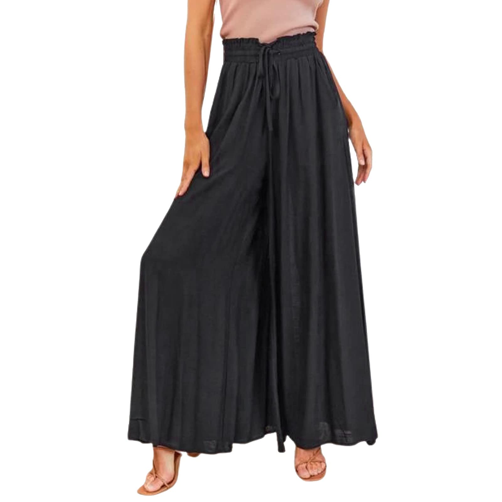 YOLAI Womens Wide Leg Pants Flowy Pants Drawstring Elastic High Waist Pants Loose Pants