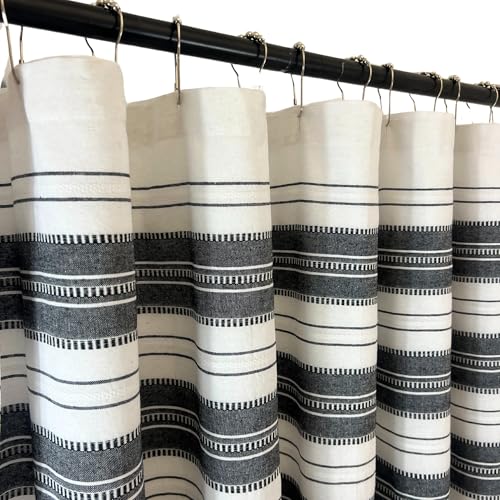 Serafina Home Nautical Striped Black and White Fabric Shower Curtain: 100% Cotton Luxury Hotel with Detailed Decorative Weave for Bathroom 70