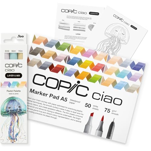 COPIC Ciao LAYER & MIX Starter Set Pastel, juego de rotuladores con 3 colores diferentes, papel de rotulador y plantilla de dibujo para calcar, incl. hoja de ejercicios de familiarización