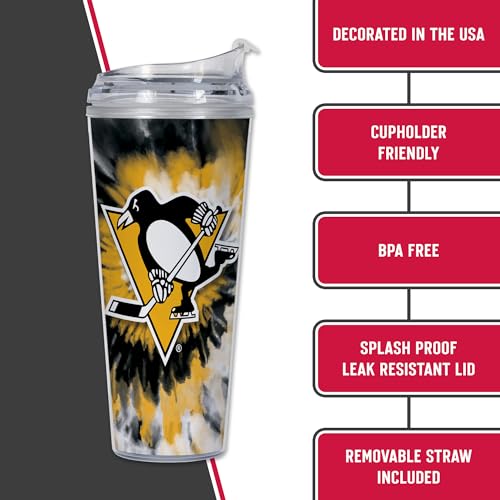 Image of Rico Industries NHL Hockey Team Color Tie Dye 24oz Metallic Acrylic Tumbler with Hinged Lid, Officially Licensed Double Wall Tumbler with Straw