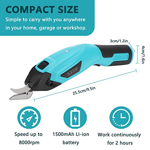 Acetop Electric Scissors Cordless Fabric Scissors W/ 2 Blades Rechargeable Cardboard Cutter Scissors Power Sewing Shears Tools For Cutting Scrapbook Paper Craft Carpet Leather Cloth (Blue & Black) #TOP1