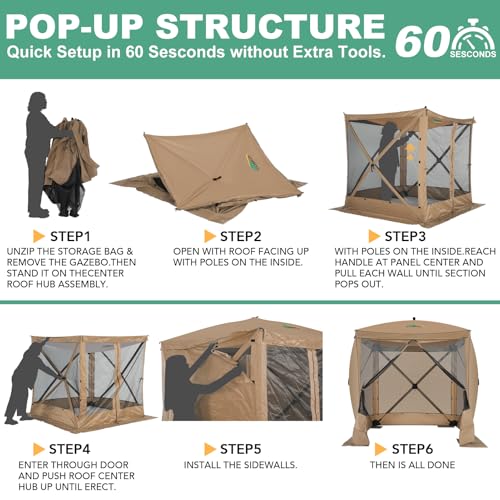 Image of COBIZI 6x6 FT Pop up Gazebo Tent, Screen Tent with Sidewalls, Waterproof Portable Outdoor Small Screen Tents Sun Shelter, Carpas para Patio for Outdoor Camping, Backyard and Garden, Khaki