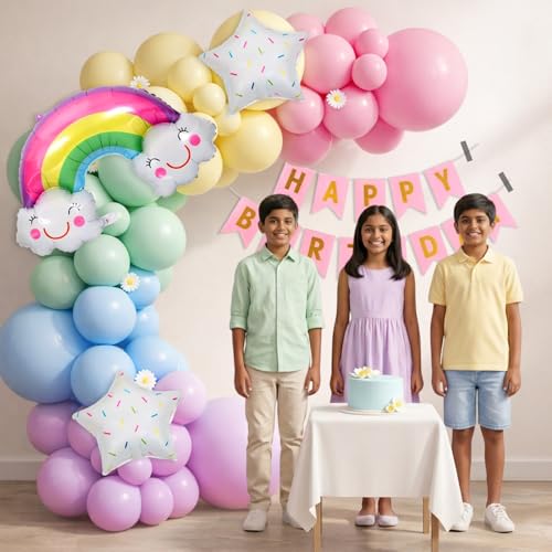 Image of Party Propz Happy Birthday Decoration Kit -55 Pcs, Birthday Decoration Items with Rainbow Foil Balloon, Happy Birthday Banner, Multicolor Balloons for Birthday Decoration for Boys & Girls (Cardstock)
