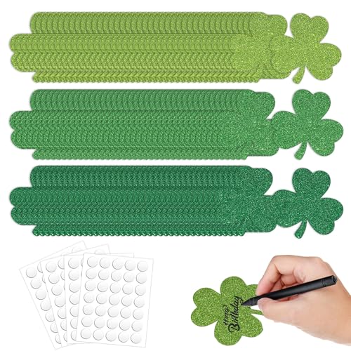 120 Pcs St. Patrick's Day Cutouts Glitter Shamrock Cutouts Double-Sided 4.9 Inch Irish Shamrock Card with Glue Point Dots for Party Assorted Green Bulletin Board Decorations（3 Colors）