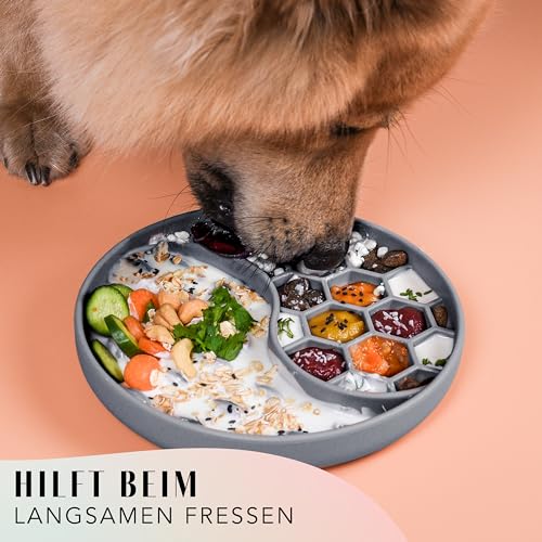 ne&no® Anti Schling Napf für Hunde und Katzen I Slow Feeder I Leckmatte Hund mit großem Saugnapf I Schleckmatte Katze für Nassfutter und Trockenfutter (Grey Blue)