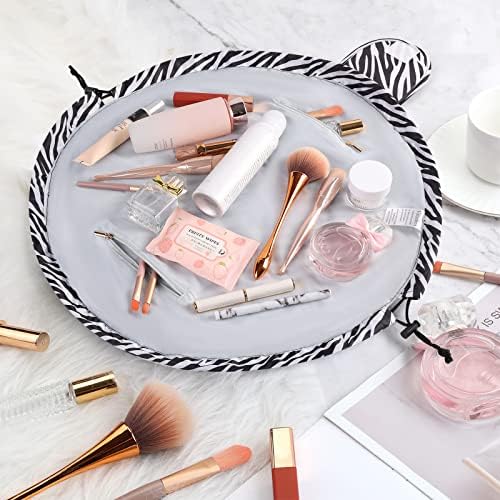 Lazy Drawstring Make up Bag Portable Large Travel Cosmetic Bag Pouch Travel Makeup Pouch Storage Organiser for Women Girl (Zebra)