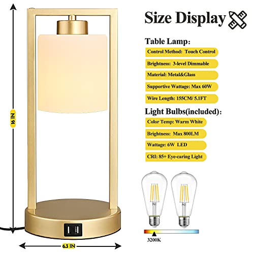 Easebri Gold&White Lamps Set Of 2, Touch Table Lamp 3-Way Dimmable, 16” Bedside Nightstand Lamps With Frosted Glass Shade, Industrial Desk Lamps For Bedroom Living Room Office, Led Bulbs Included #TOP2