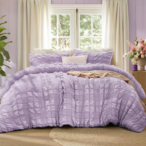 Image of BEDELITE Queen Comforter Set, Seersucker Bedding Set 3 Pieces, Lavender | All Season Use, Machine Washable, Soft and Lightweight, Ruched Comforter for Bedroom, Wrinkle-Resistant, Cozy and Stylish
