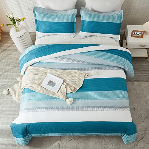 Litanika Full Comforter Set White Teal - 3 Pieces Lightweight Fluffy Bedding Comforter Sets, All Season Down Alternative Comforter (1 Comforter, 2 Pillowcases)