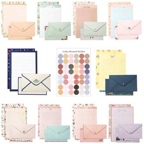 91 Pcs Stationery Paper Envelopes Set Includes 60 Lined Writing Paper & 30 Envelopes with 48 Colorful Round Dot Stickers, Cute Vintage Letter Writing and Stationery Paper Envelopes(10Style)