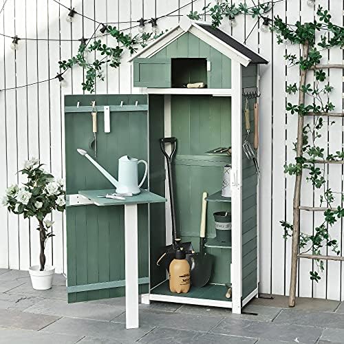 Outsunny Garden Wood Storage Shed with Workstation, Hooks and Ground Nails Multifunction Lockable Sheds & Outdoor Storage Asphalt Roof Tool Organizer, 182 x 78 x 52.5cm, Green