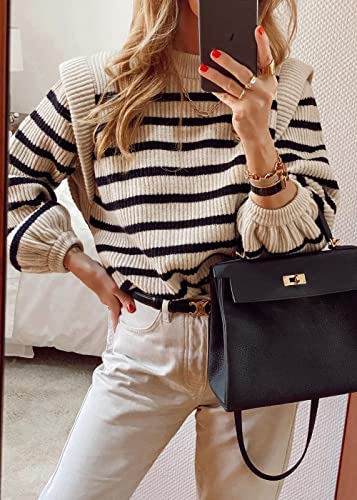 PRETTYGARDEN Fall Sweaters for Women 2025 Long Sleeve Crewneck Blouses Dressy Casual Ribbed Striped Knit Pullover Jumper Tops2