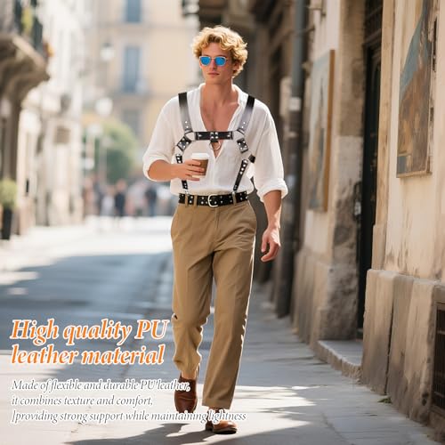 Pacify Mens Leather Harness, Adjustable Goth Men Body Chest Harness, Steampunk Shoulder Belts Suspenders for Costume Parties2