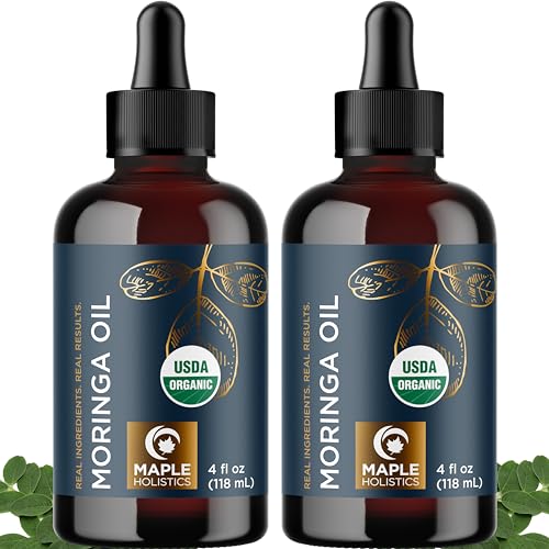 Organic Moringa Oil for Hair and Skin – Cold Pressed Virgin Unrefined Natural Pure USDA Organic Hair Oil for Dry Damaged Hair and Ultra Hydrating Face Oil – Carrier Oil for Essential Oils (2 Pack)