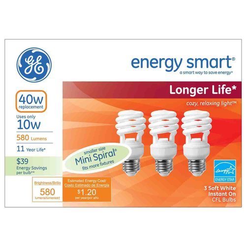 GE Lighting 68504 Energy Smart CFL 10-watt (40-watt Replacement) 580 Lumen Soft White Light Bulb with Medium Base, 3-Pack
