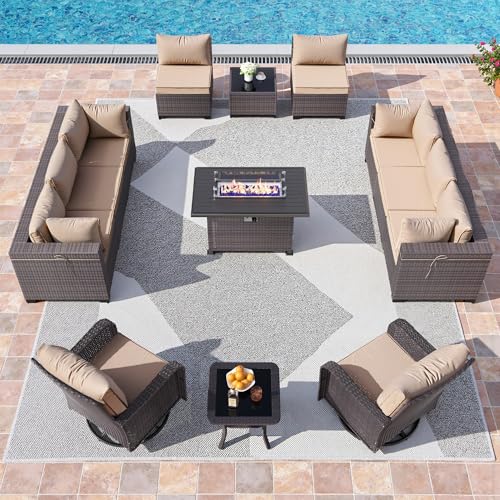Image of 13 Pieces Outdoor Patio Furniture Set,Outdoor Sectional Furniture with 43 inch 55000 BTU Gas Propane Fire Pit Table,PE Rattan Wicker Patio Conversation Set,Swivel Rocking Chairs Set,Sand