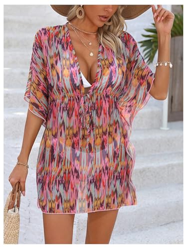 WDIRARA Women's Tie Dye Sheer Boho Chiffon Cover Up Tie Waist Beach Dress Deep V Neck Dolman Sleeve Coverups3