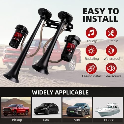 Cenzhiwen Dual Trumpet Metal Air Horn for truck Kit with 2 Compressors-12V 150dB Ultra Loud is suitable for pickup/motorhome/SUV/truck/train Boat-Complete and other vehicles(2 speakers with button)