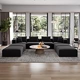 Avenco 141” U-Shaped Modular Sectional Sofa Couch with 4 Ottomans, Individually Wrapped Coil Support & Corduroy Fabric, Zero Assembly 8-Piece Set for Spacious Living Room, Black
