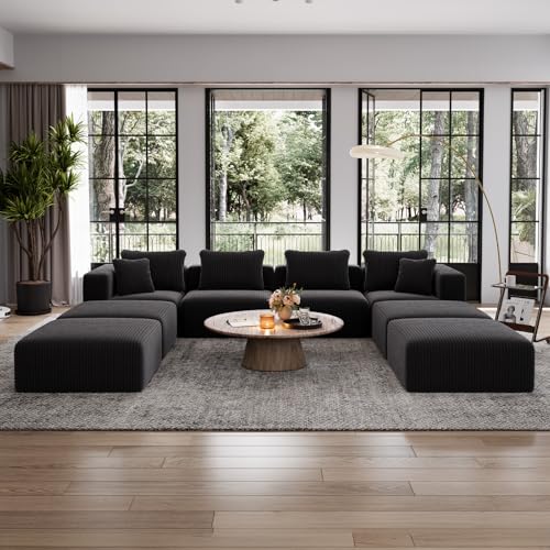 Avenco 141” U-Shaped Modular Sectional Sofa Couch with 4 Ottomans, Individually Wrapped Coil Support & Corduroy Fabric, Zero Assembly 8-Piece Set for Spacious Living Room, Black
