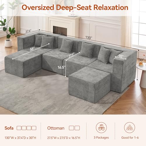 Image of MONVANE Modular Sectional Cloud Couch for Living Room - 130'' 6 Seater Convertible Chenille Couches Set with Ottoman, No Assembly Compression Sofas, Comfy Floor Sofa with Memory Foam, Light Grey