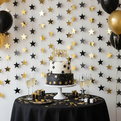 Image of Patelai Glitter Star Garland Banner 2026 Party Decoration Double Side Star Hanging String Streamer Paper Twinkle for Graduation Wedding Birthday(Gold and Black,130 Feet)