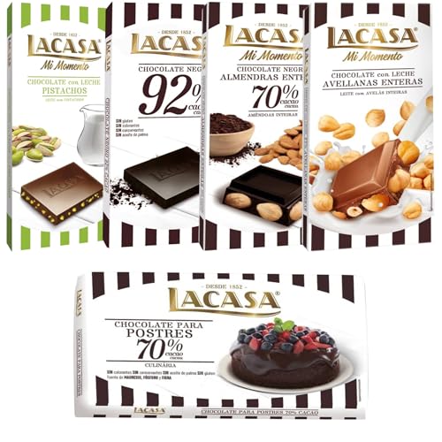 Pack Lacasa 5 deliciosas tabletas de chocolate:leche avellana 200gs ,leche pistacho 90g ,cacao 92% ,culinaria, almendra