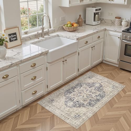 Tortania Area Rug Living Room Rugs - 3x5 Washable Rug Vintage Oriental Distressed Farmhouse Small Thin Indoor Carpet for Living Room Bedroom Under Dining Table Home Office - Cream Blue