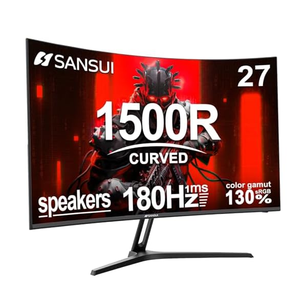 SANSUI 27 Inch Curved Gaming Monitor 180Hz 1ms with Speakers FHD 1080P Computer Monitor FreeSync|1500R|130% sRGB|HDR|Low Blue Light|HDMI DP Ports|VESA Mount|Metal Stand(ES-G27C1 HDMI Cable Included)