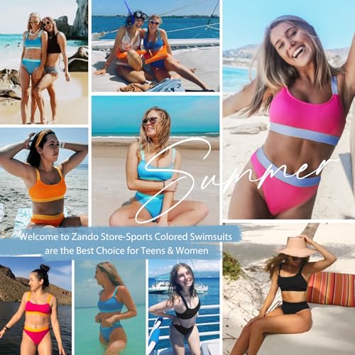 Zando High Waisted Bikini Set for Women Teen Girl Cute Sports Color Block Swimsuit 2 Piece High Cut Bathing Suit4