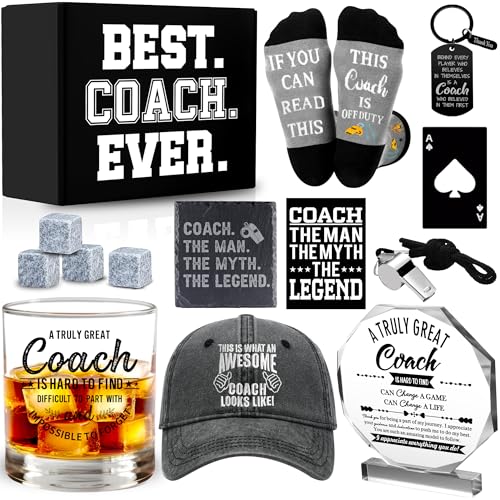 14 Pcs Coach Gifts for Men Whiskey Glass Set, Coaches Appreciation Gift with 11 Oz Whiskey Glass Coaster Stones Crystal Plaque Baseball Cap Socks Keychain Whistle, Best Coach Birthday Christmas Gift