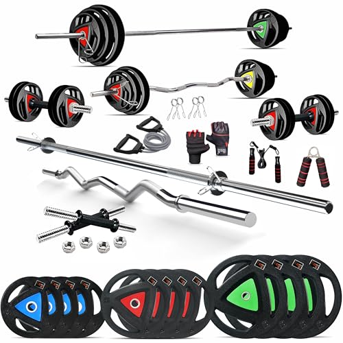 Image of DREAM FIT Rubber Coated Metal Integrated Weight Plates 70Kg Professional Home Gym Combo with 23mm 3ft curl rod, 23mm 5ft straight rod, 1 pair dumbbell rods with steel nuts and gym accessories (70kg set)