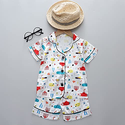Little Baby Boy Girl Silk 𝐏ajamas 2 Piece Button Down Short Sleeve Tops Satin 𝐏js Cute Truck Cartoon Loung𝐞wear Set3