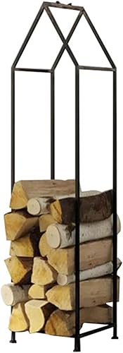 Estante decorativo de leña moderno en forma de casa, ayuda de apilamiento alto para uso en y exteriores, estante de troncos de metal con asa