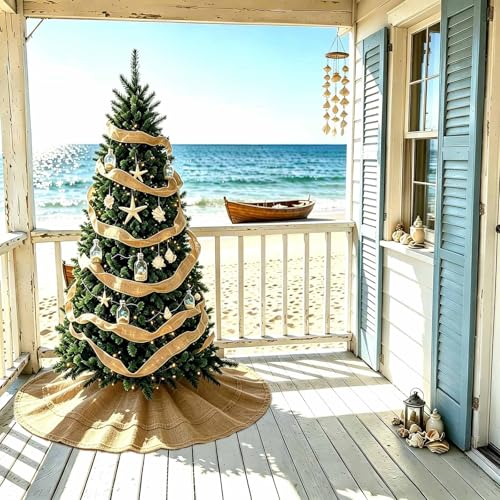 Yuboo 48" Burlap Christmas Tree Skirt with 2-Layer Tassel Design, Brown Rustic Farmhouse Jute Linen Large Spring Tree Skirt for Wedding, Birthday, Graduation Season Decor - image 1
