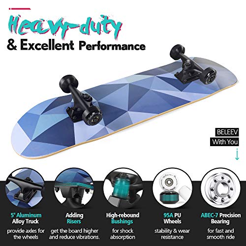 Image of BELEEV Skateboards for Beginners, 31 x 8 inch Complete Skateboard for Kids Teens Adults, 7 Layer Canadian Maple Double Kick Deck Concave Cruiser Trick Skateboard with Multifunction Skate T-Tool