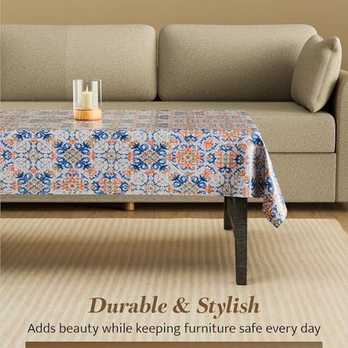 Image of Kuber Industries 36x54 Inch PVC 4 Seater Table Cover Cloth | Multipurpose Rectangle Dining Table Cover /Cloth for Party and Events | Star Flower - Blue