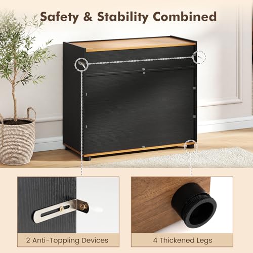 COSTWAY 2-Door Buffet Sideboard Storage Cabinet with Push-to-Open Design, Drawer & Anti-tipping Devices, Freestanding Kitchen Organiser in Black - Image 5