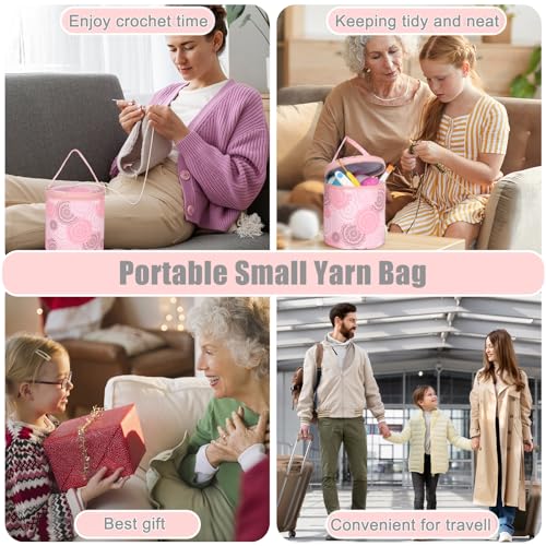 Image of Katech Mini Yarn Storage Bags, Portable Yarn Bag for Crocheting with Holes Organizer Crochet Thread Sewing Accessories Storage Tote Bag for Carry Crochet Hooks Skein Yarn (Pink Floral)