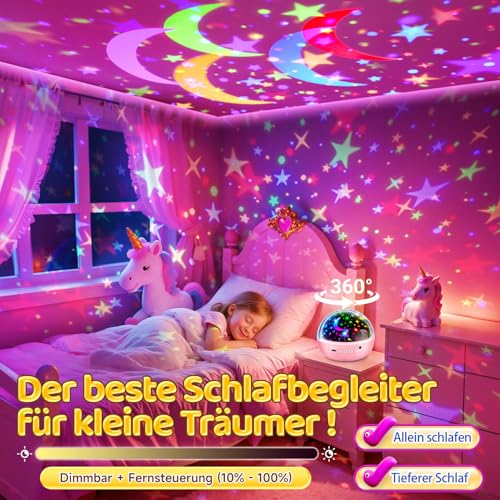 One Fire Einhorn Spielzeug ab 4 Jahre Mädchen, 【3 Filme+93 Effekte+Dimmbar】 Einhorn Geschenke für Mädchen Geschenke, 【Remote+3 Timer+Rotation】 Meerjungfrau Spielzeug ab 3 Jahre