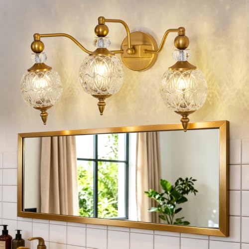 Image of Vintage Vanity Light 3 Light Gold Bathroom Light Fixtures Over Mirror