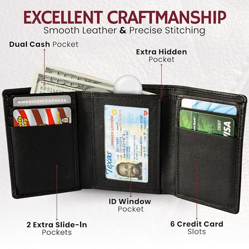 Image of BULL GUARD RFID Genuine Leather Trifold Wallets for Men ID Window, Secret Pocket, Mountain Black - Pebble Stone Black, 3.25 x 4.25 x 0.75 inches, Rfid Wallet