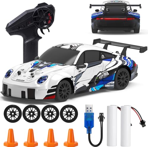 Werlutch RC Drift Car, 1:24 4WD Remote Control Car with LED Lights, 2.4 GHz High Speed RC Car, Dual Batteries & Extra Drifting Tires, Racing Sport Toy for Kids Boys Adults
