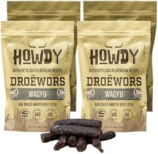 HowdySnax Wagyu Traditional Droëwors, Premium Air-Dried Wagyu Beef Sticks, High-Protein Snack, No Added Sugar, Keto & Paleo Friendly Wagyu Jerky Stix, Gourmet Meat Snacks Made in USA, 4oz Pack of 4